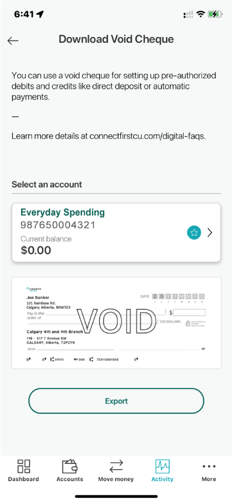 Connect First mobile app screen showing how to download a void cheque for an Everyday Spending account