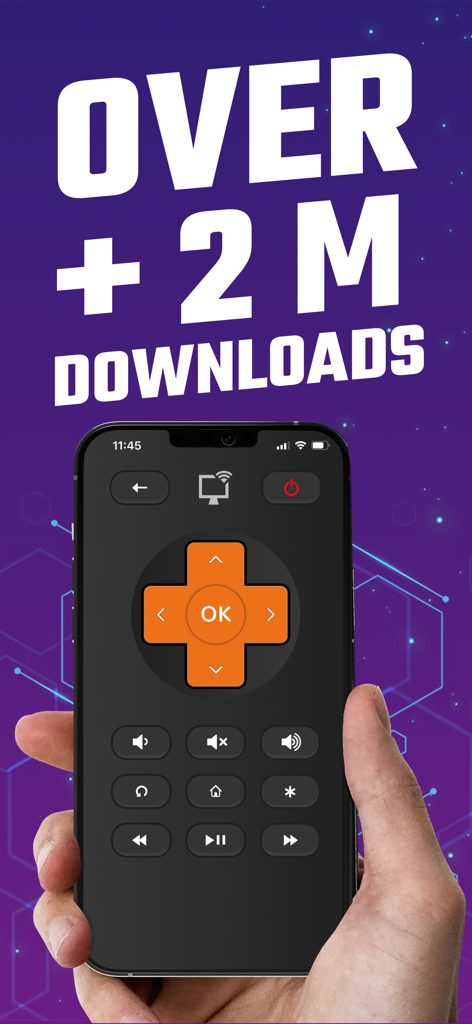 Interfaccia dell'app mobile Rokumote per il controllo di Roku TV su iPhone con testo che indica oltre 2 milioni di download