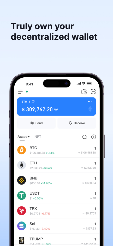 TokenPocket: Crypto & Bitcoin - TokenPocket mobile app interface showing a decentralized crypto wallet dashboard with various cryptocurrency balances including Bitcoin and Ethereum