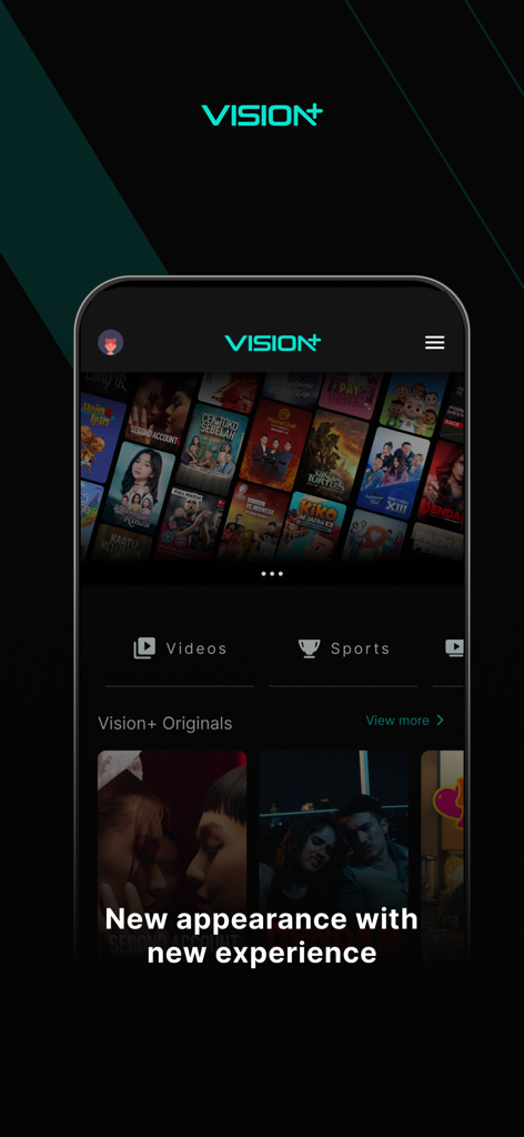 VISION+ - Vision plus app home screen showing Indonesian movies and live sports on a smartphone
