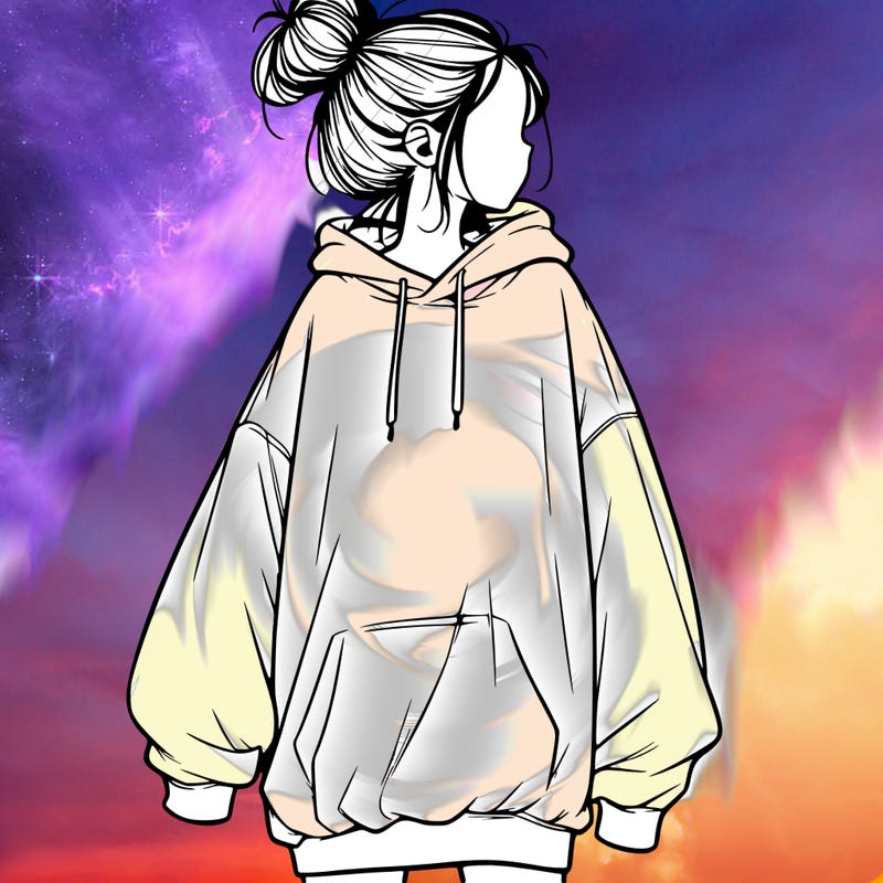 realistic girl with a oversized sweatshirt on and a bun