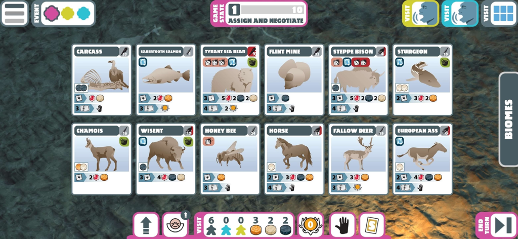 Neanderthal board game Premium - Neanderthal board game Premium gameplay screen displaying animal and resource cards during the assign and negotiate phase