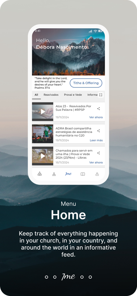 7me app home screen displaying news feed and tithe offering options