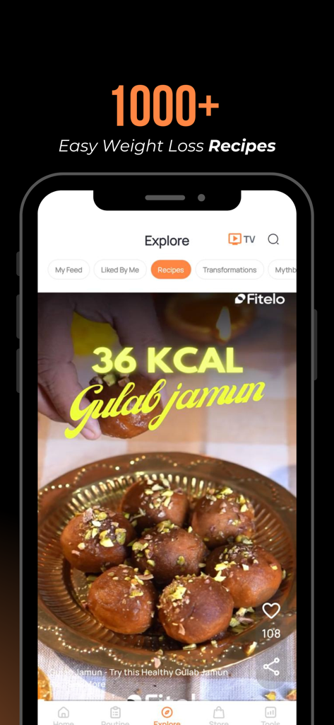 Fitelo app screen displaying a healthy 36 calorie Gulab Jamun recipe under the explore tab.