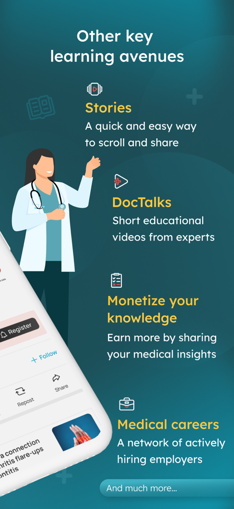 Docquity - Docquity app interface displaying professional medical learning features including expert video talks and career networking opportunities.