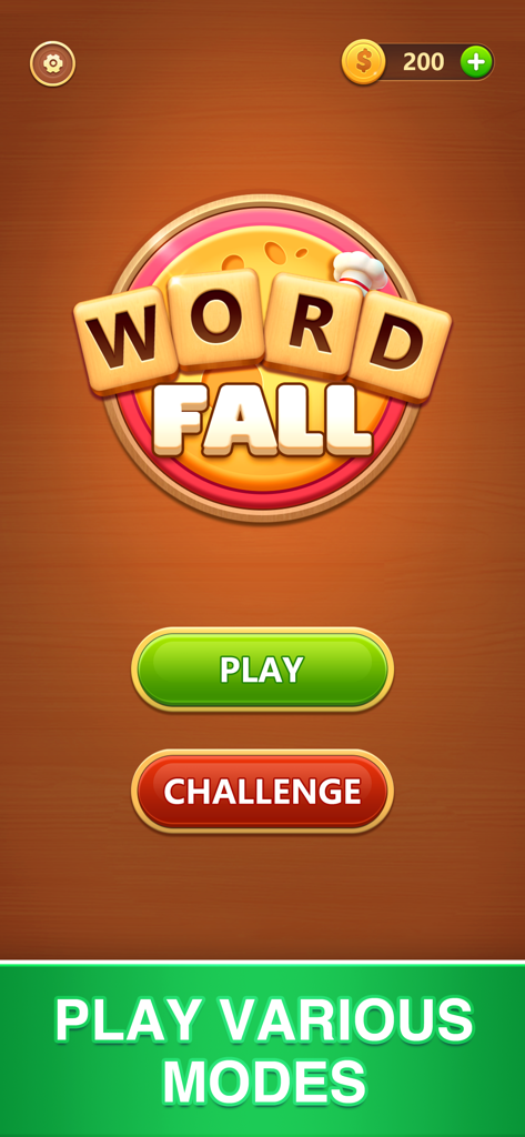 Main menu of the Word Fall puzzle game showing play and challenge buttons on a wooden background