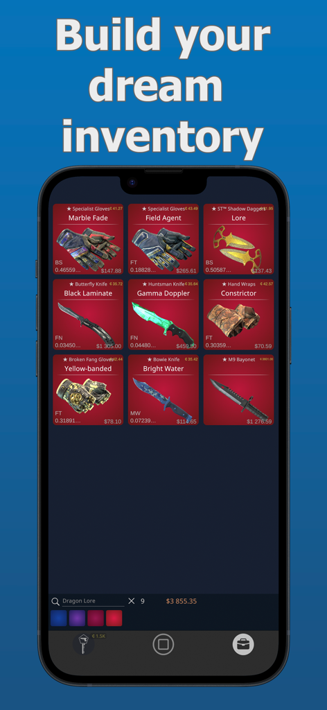 Pantalla de la aplicación móvil Cases Simulator mostrando una colección de skins y guantes raros de Counter-Strike 2.