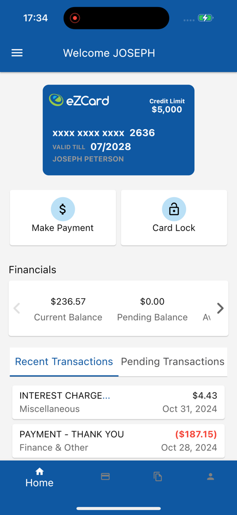 eZCardInfo mobile app home screen showing credit card balance, payment options, and transaction history