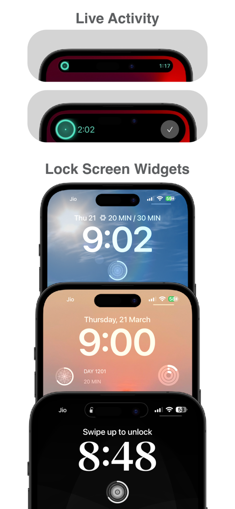 Meditate - Mindfulness app - iPhone lock screens showing Meditate app live activities and mindfulness widgets.