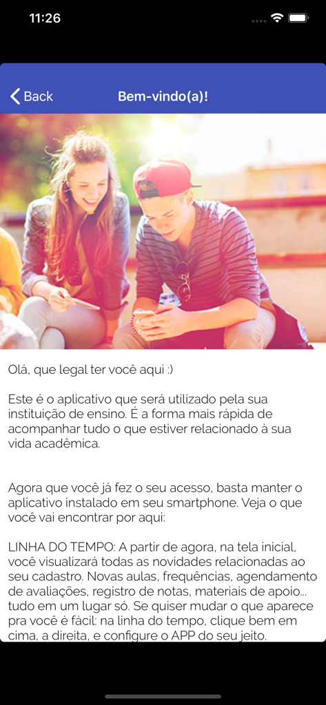 UNIMESTRE - Écran d'accueil de l'application éducative Unimestre montrant deux étudiants regardant un smartphone avec du texte d'introduction en portugais.