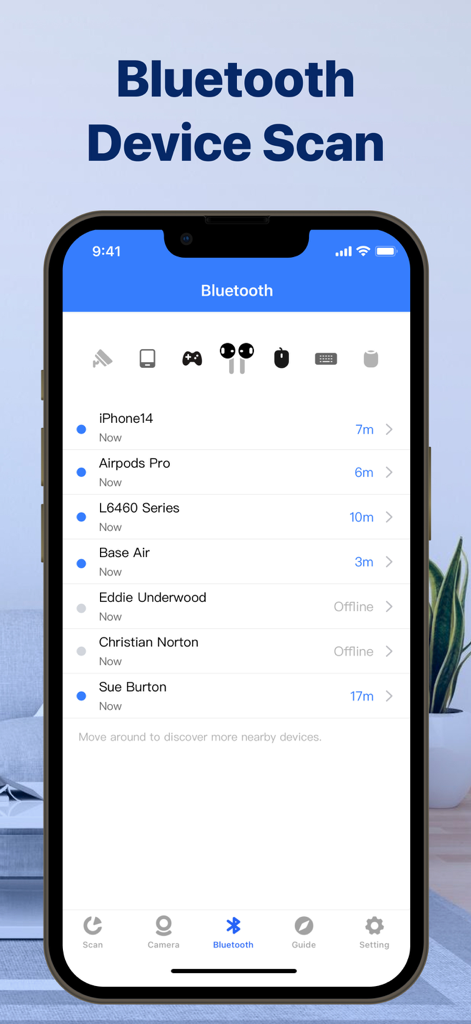 Home Security Camera App - Interface d'application mobile affichant une liste des appareils Bluetooth à proximité analysés avec leurs distances et leur état de connexion