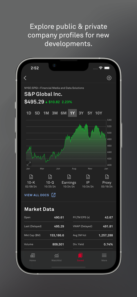S&P Capital IQ Pro - SP Capital IQ Pro mobile App-Bildschirm zeigt ein Aktienkursdiagramm und Finanzmarktdaten für ein Unternehmensprofil an.