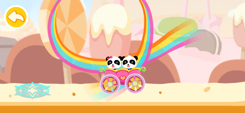 Baby Panda Car Racing - Two baby pandas driving a pink carriage car through a dessert themed land with a rainbow loop