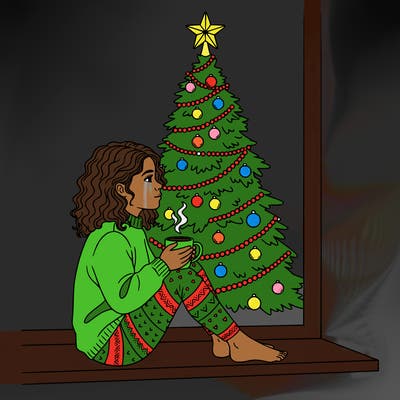a girl sitting in the window with a cofee and behind she is a chrismas tree