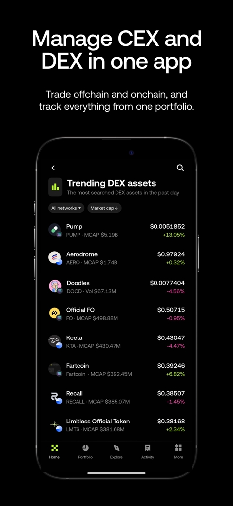 OKX: Buy Bitcoin BTC & Crypto - OKX app interface displaying trending DEX assets and cross-exchange portfolio tracking.