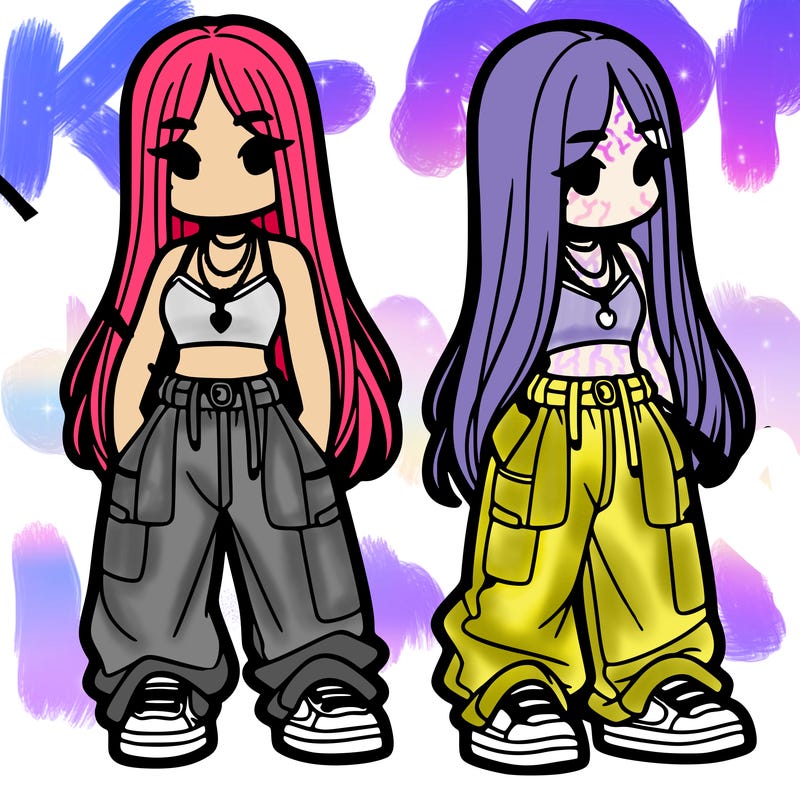 girl in baggy pants crop top and long hair