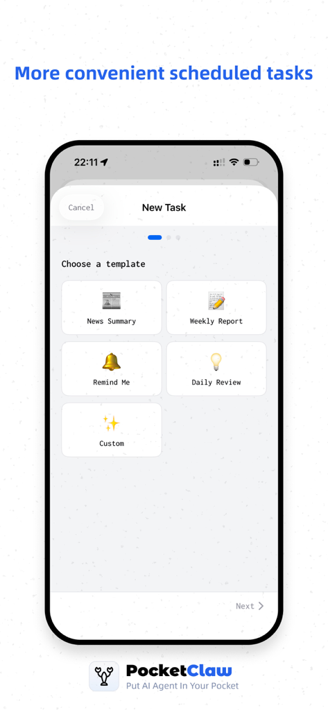 PocketClaw - Remote AI Agent - Interfaz de la aplicación PocketClaw que muestra plantillas para programar tareas de IA, incluidos resúmenes de noticias e informes semanales