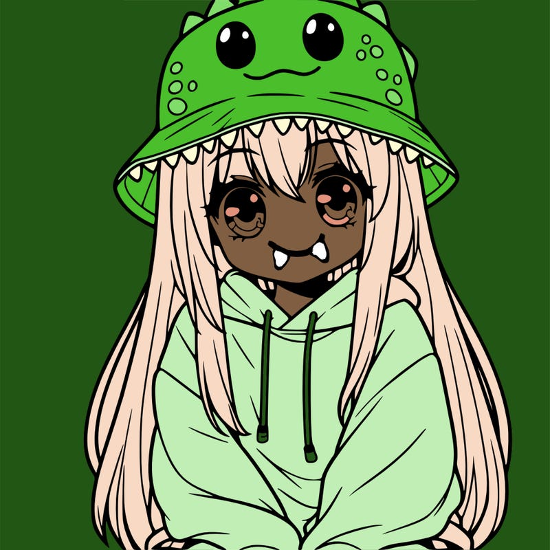 girl with anime shaped eyes with a dinosaur bucket hat oversized sweatshirt long straight hair