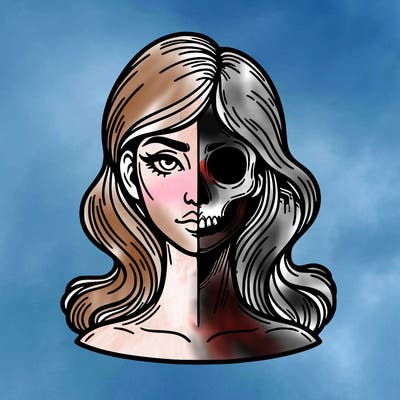 bust of a woman, half face and hair, half skull