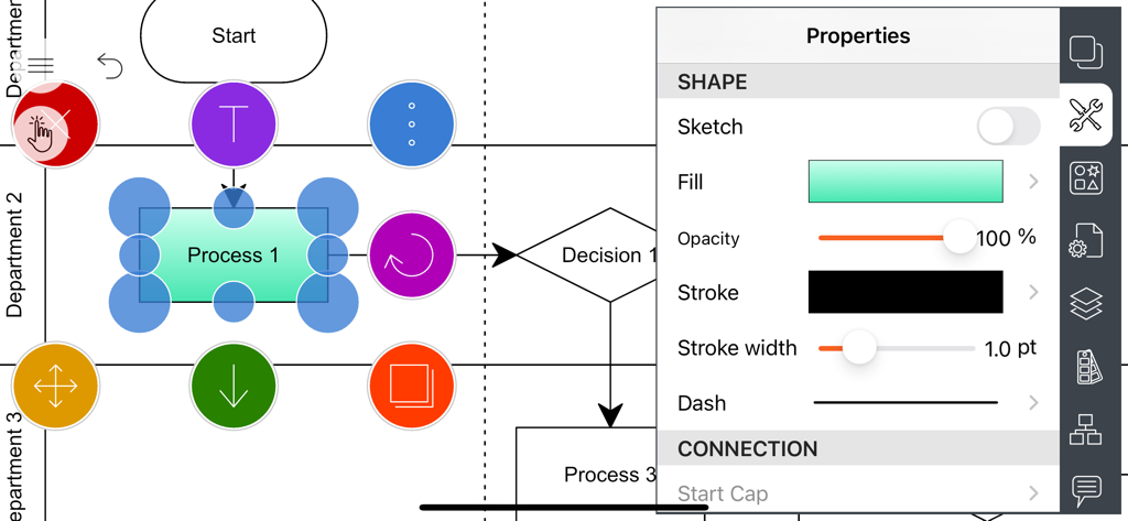 Flow Chart, Block Diagram - Flowchart app interface showing the shape properties panel and a diagram with swimlanes