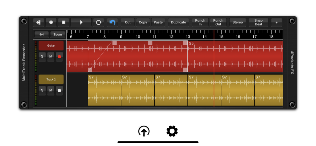 MultiTrack Recorder app interface showing audio waveform tracks and editing tools