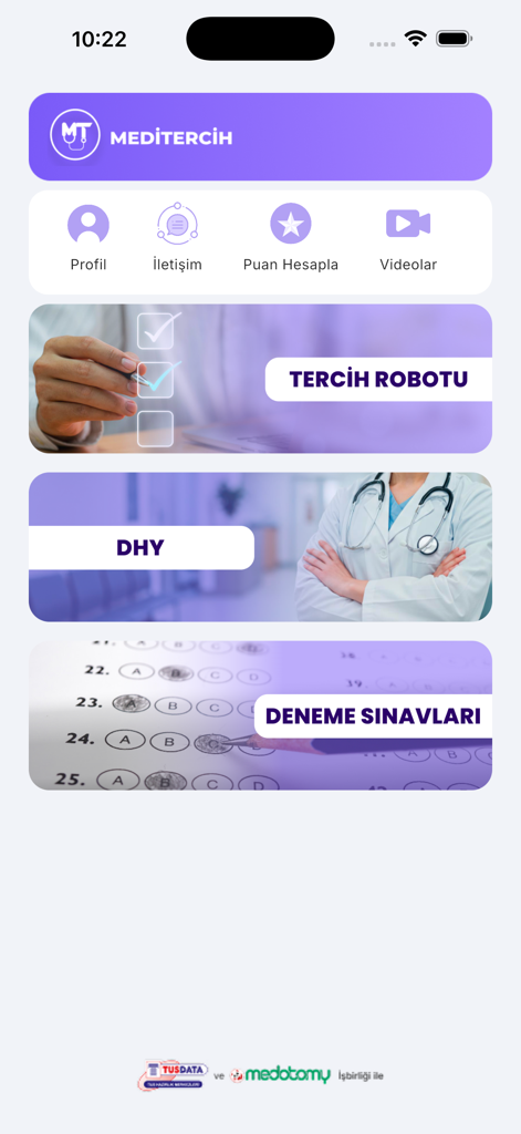 Meditercih Tercih Robotu - Main menu of Meditercih app showing options for preference robot practice exams and score calculation