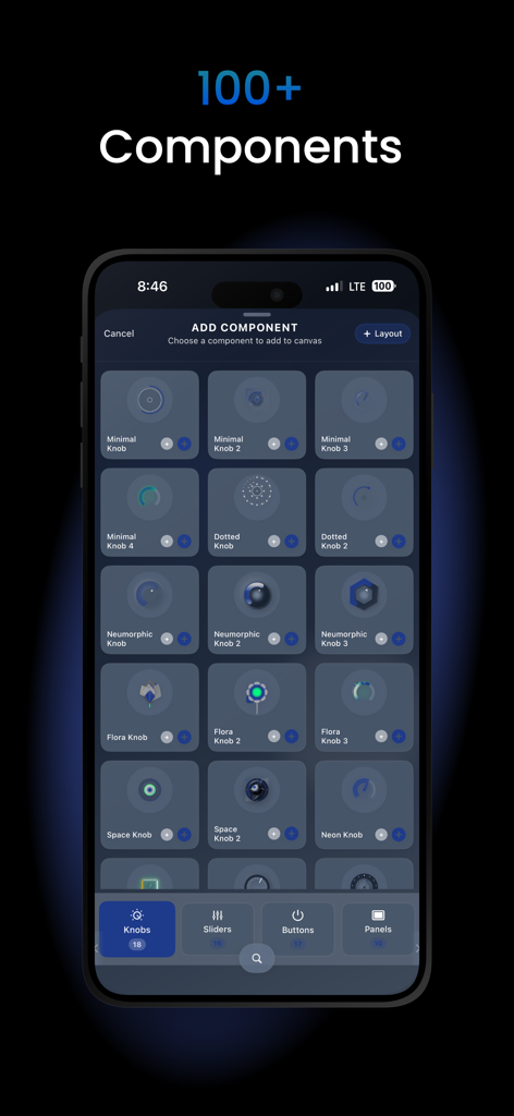 Tandem MIDI Canvas - Um menu mostrando uma variedade de componentes de controlador MIDI personalizáveis, incluindo estilos de botões minimalistas e neon