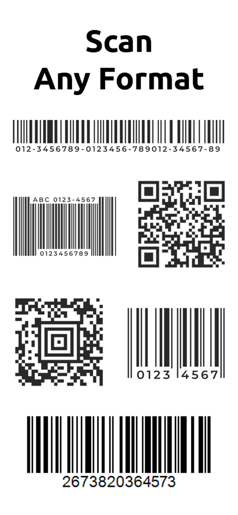 A collection of various barcode and QR code types with the text Scan Any Format.