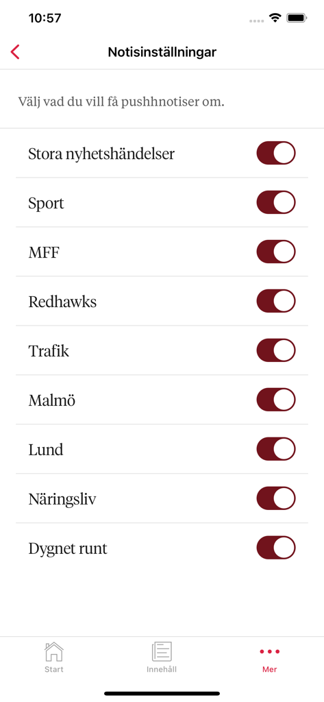 Sydsvenskan - Notification settings menu in the Sydsvenskan app with toggles for regional news and sports