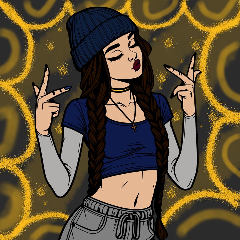 realistic teenage girl with braids and a beanie and crop top doing 🫶🏼