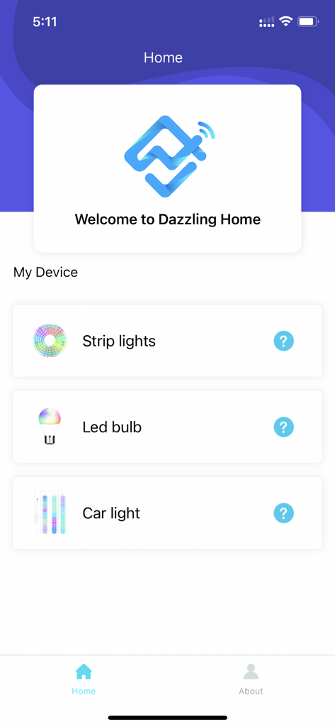 Dazzling Home - Dazzling Home app home screen showing a list of connected smart lighting devices including strip lights and LED bulbs