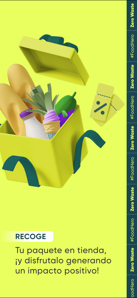 Cheaf: Salva comida y ahorra - 新鮮なパンと野菜が詰められた黄色いギフトボックスの3Dイラスト、割引クーポンと店舗での食品パッケージの受け取りに関するメッセージの隣