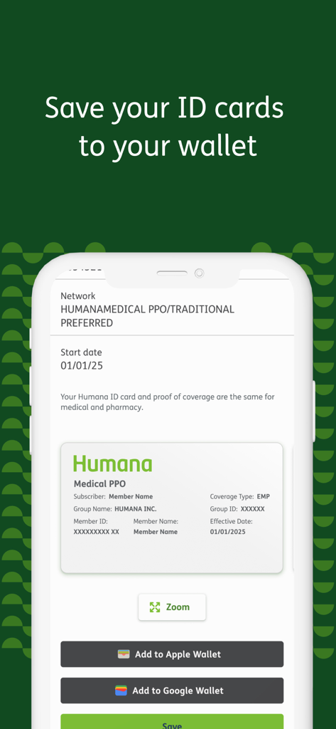 MyHumana - Pantalla de la aplicación MyHumana que muestra una tarjeta de identificación médica digital y opciones para guardarla en la billetera de Apple o Google.