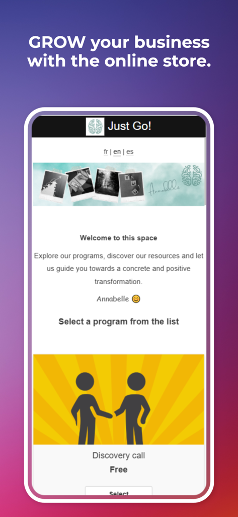 Cognito App screenshot showing a coaching online store interface with a free discovery call option