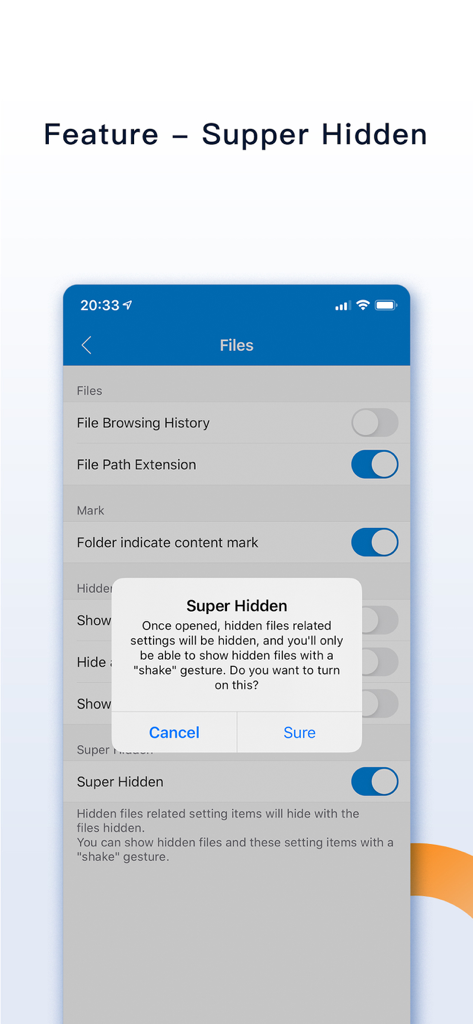 Screenshot of FileMate app showing the Super Hidden feature dialog which hides private settings until a shake gesture is used