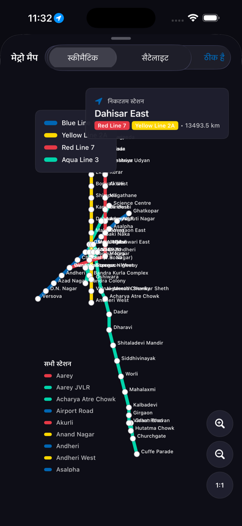Interactive Mumbai Metro map with color-coded transit lines and station labels