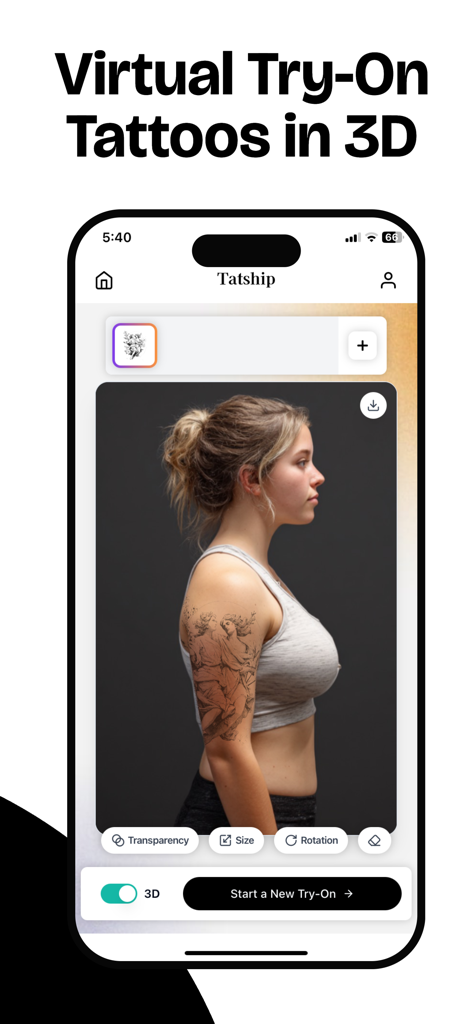 Interface de l'application Tatship montrant un aperçu de tatouage 3D virtuel sur le bras d'une femme.