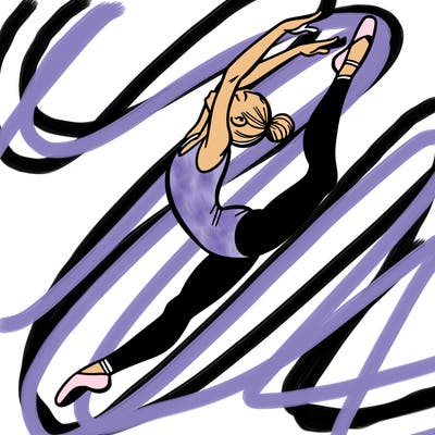 gymnast doing a leap in a leotard with a bent back leg