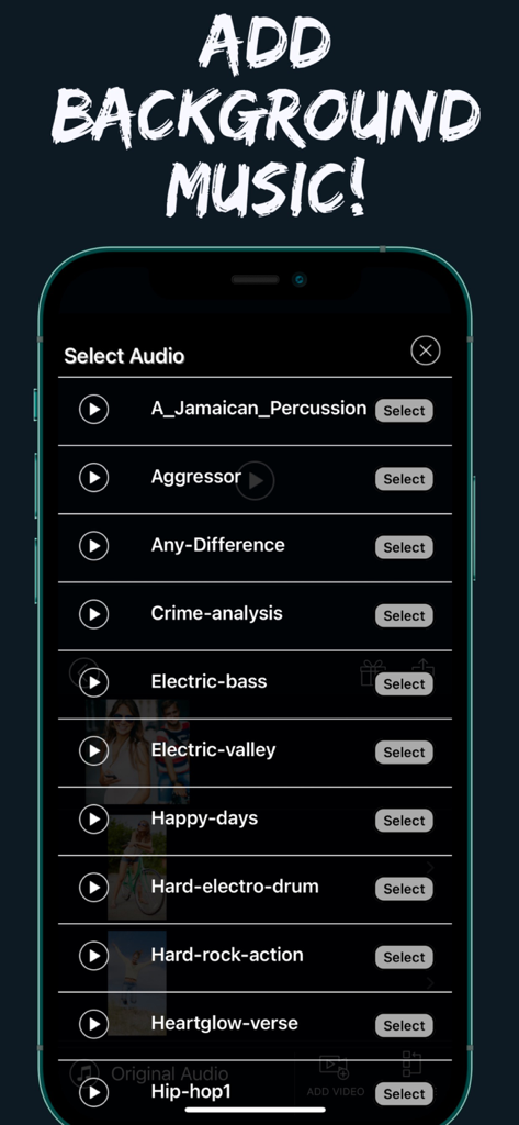 Video Editor Pro: Merge Videos - Interface for selecting background music tracks in the Video Editor Pro app