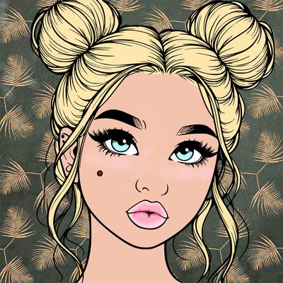 realistic girl with two buns on her hair and lips