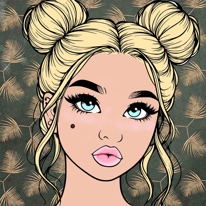 realistic girl with two buns on her hair and lips