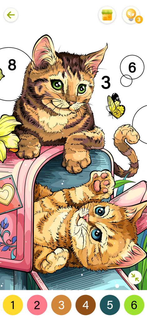 Une interface réaliste de coloriage par numéro montrant deux chatons dans une boîte aux lettres rose avec de grands boutons pour les seniors