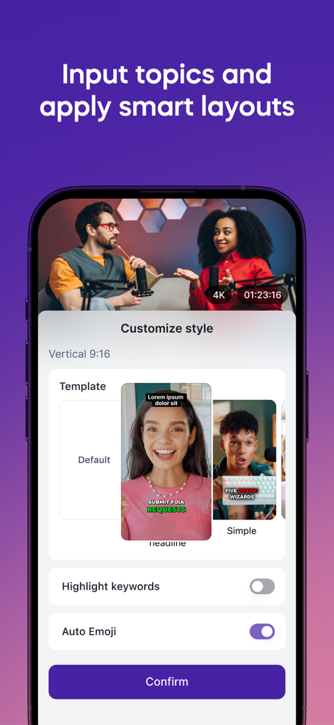 Vizard app interface showing smart layout templates and auto emoji settings for AI video clips.