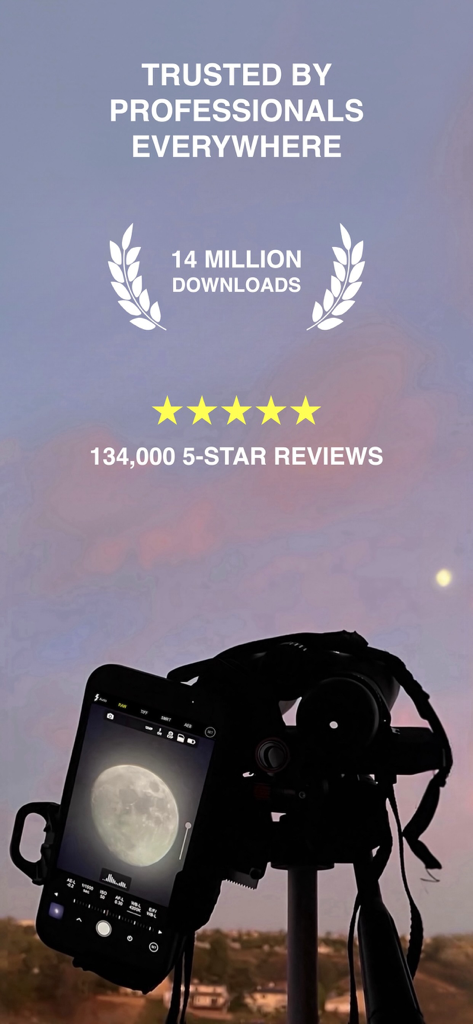 ProCam - Pro Camera - ProCam app on a tripod capturing a detailed photo of the moon with 14 million downloads and 5 star reviews text overlay