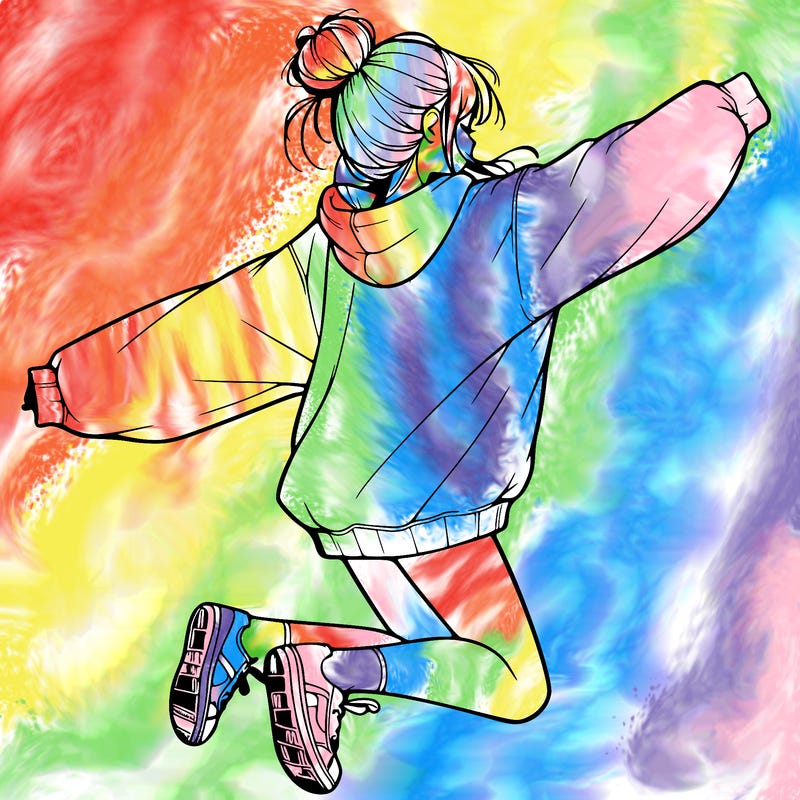 realistic girl jumping with a bun and oversized sweatshirt
