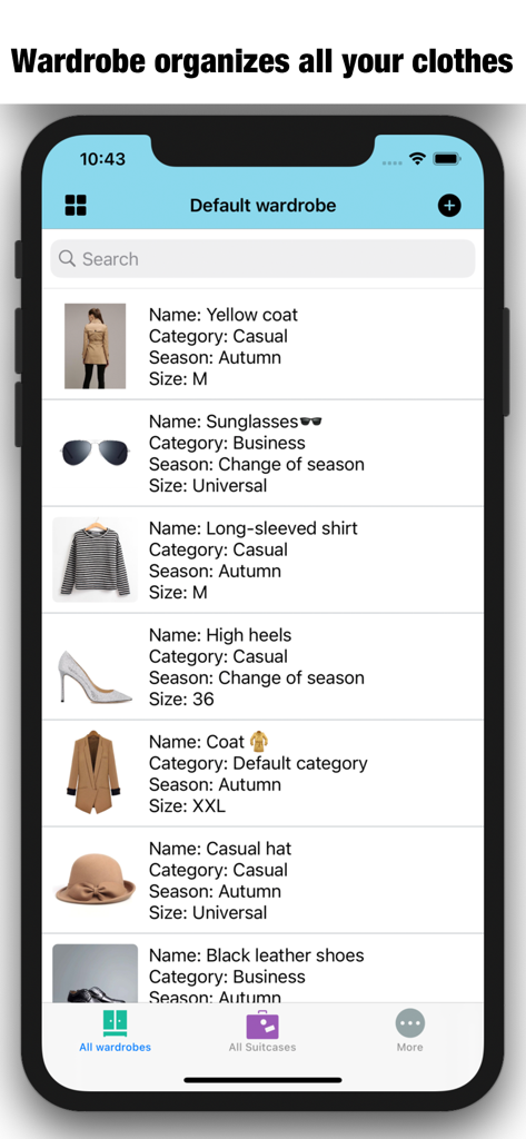 My Clothes And Wardrobe- Dress - Interface do aplicativo de guarda-roupa digital exibindo uma lista de roupas e acessórios
