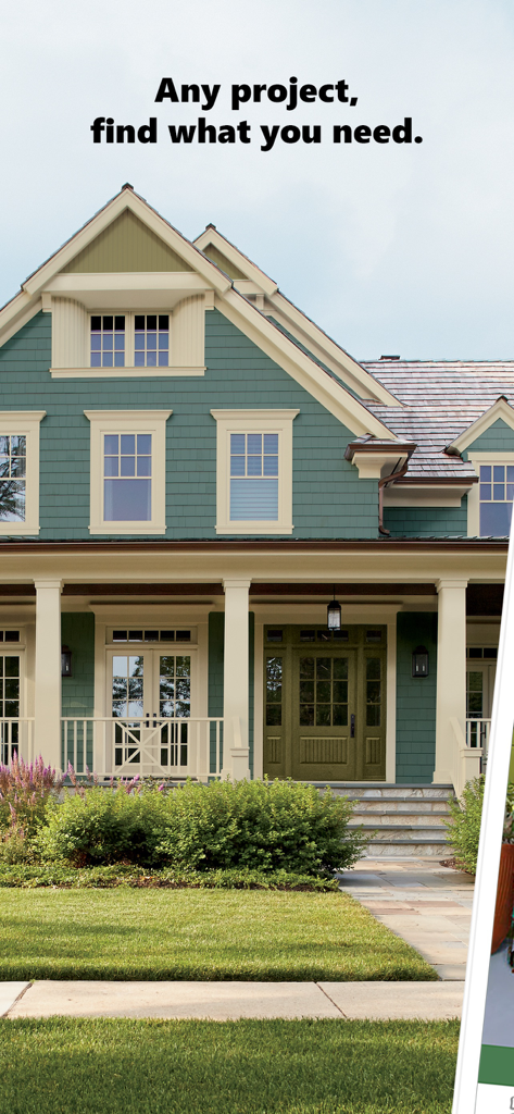 Menards® - A large green house with white trim and a porch illustrating home improvement projects