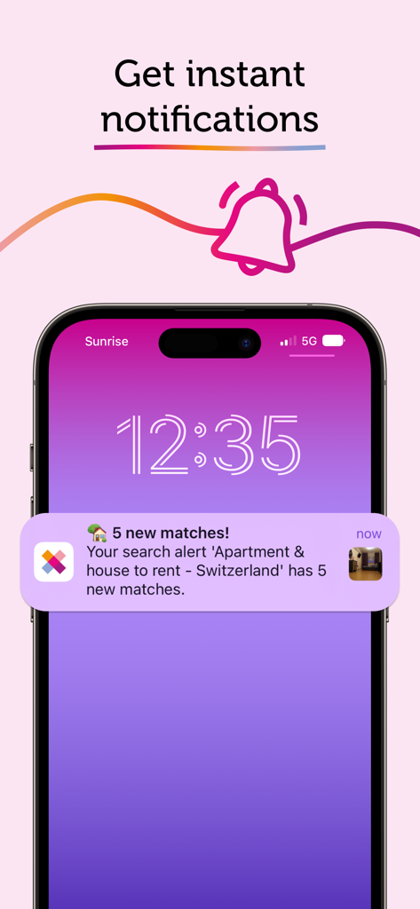 Smartphone screen showing an instant notification for 5 new property matches in Switzerland