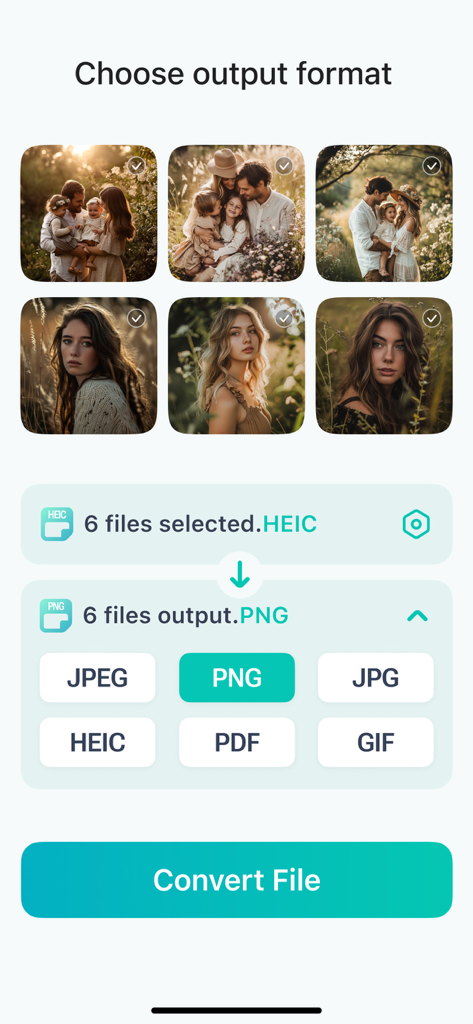 Image Converter JPEG PNG HEIC - Interfaz de una aplicación móvil mostrando seis imágenes HEIC seleccionadas para su conversión a formato PNG con varias opciones de salida como JPEG y PDF.