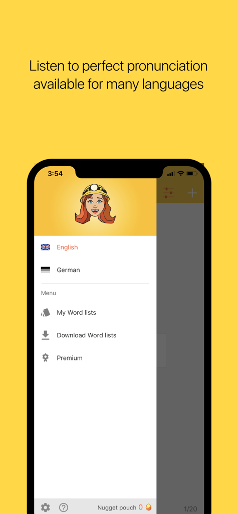 Vocabulary Miner - Vocabulary Miner app interface showing a side menu with language selections like English and German along with text about pronunciation features.